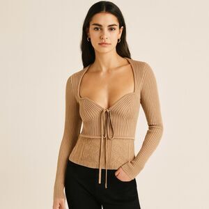 Jonathan Simkhai Beige Ribbed Y2K Sweatheart Top Blouse   Women's Size Small